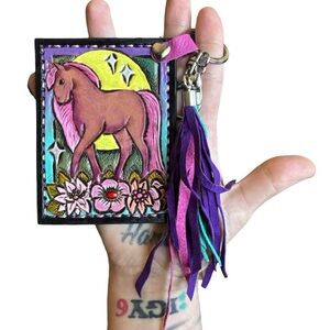 Artisan Handmade Western Southwest Leather Card Holder Horse Pony Cowgirl Wallet